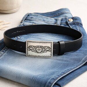 Silpada Designs Black Leather Belt Engraved Western Buckle Genuine Italian Sz M